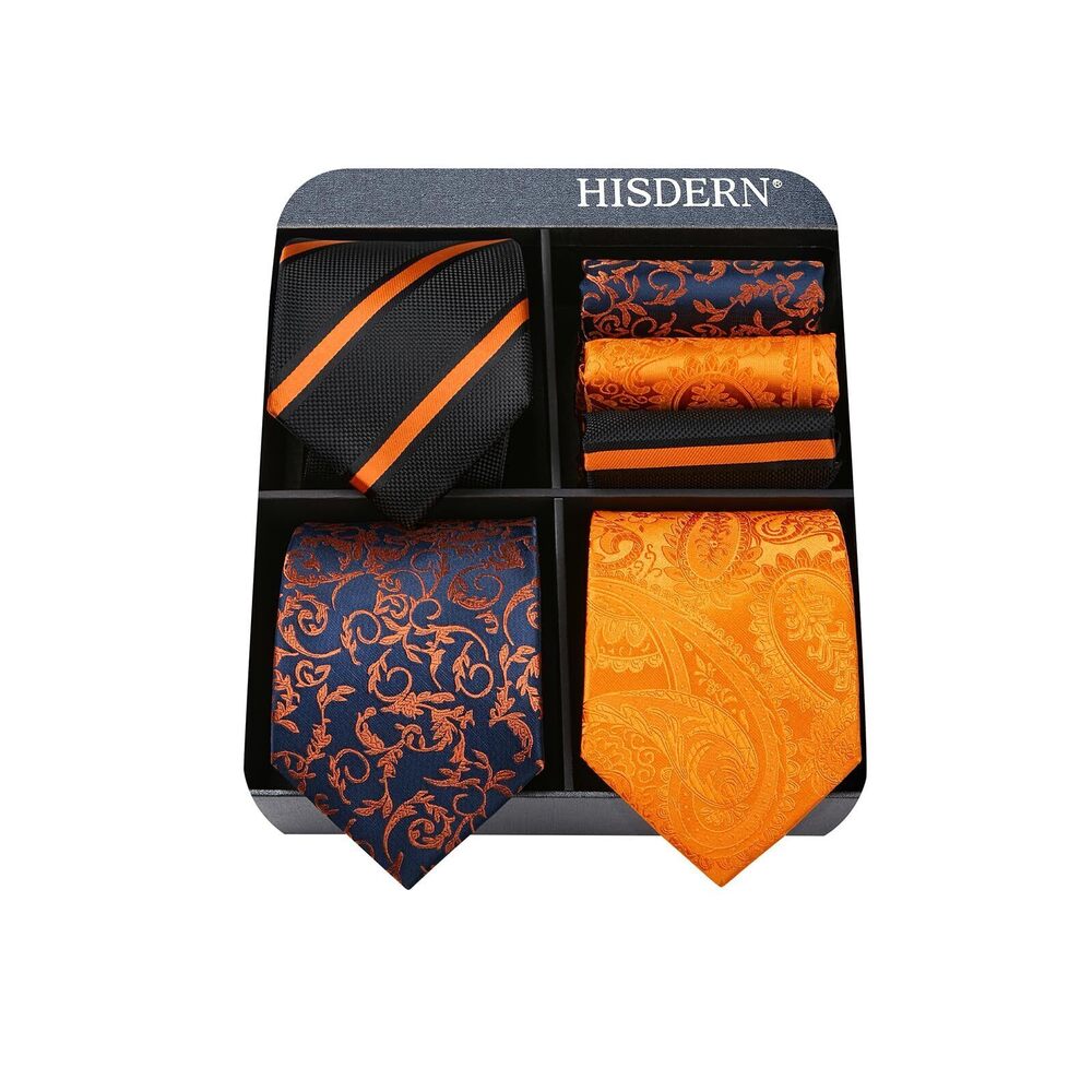 4496 Ties - 3PCS Orange Extra Long & XL Tie and Pocket Square Set - 63 Inch